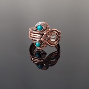 Měděný prsten s chryzokolem a křišťálem * Copper ring with Chrysocolla and Crystal Quartz beads